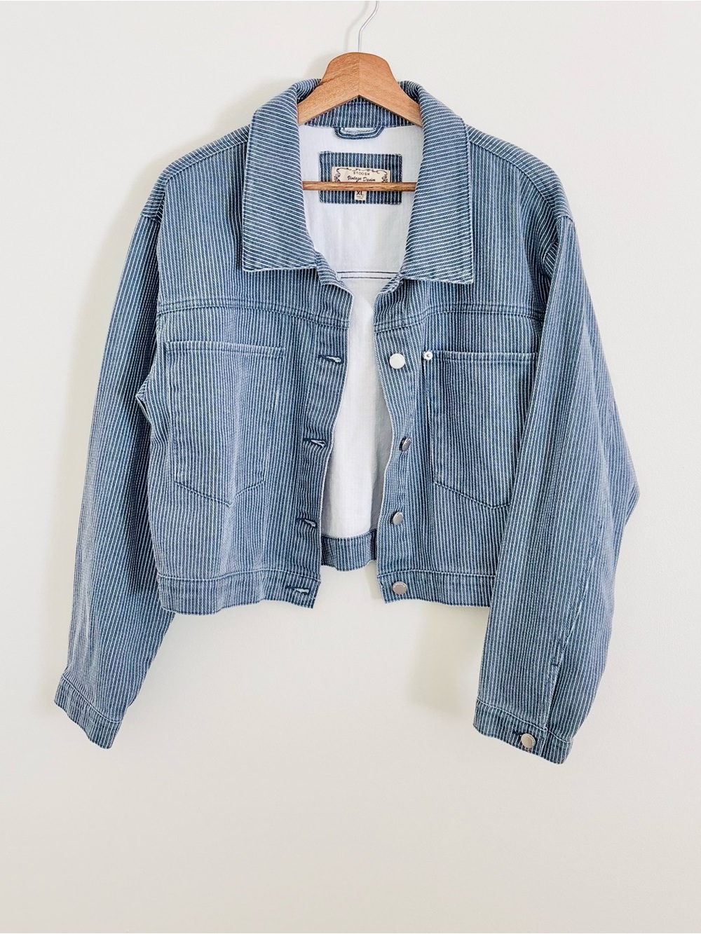 Stoosh Pinstriped Cropped Jean Jacket